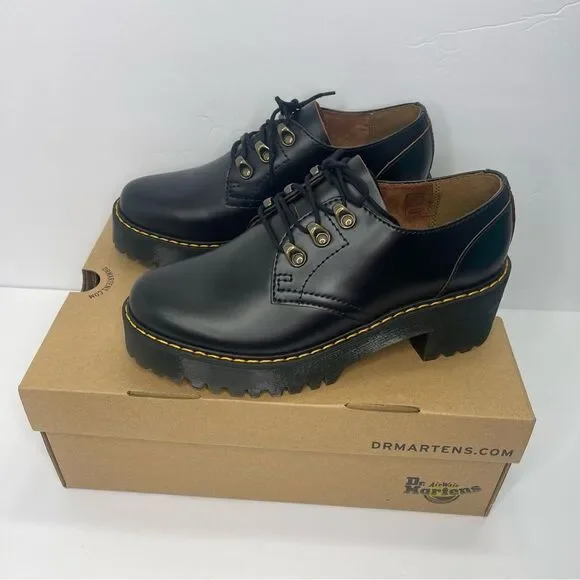 Dr. MARTENS Leona Lo Size 9 Vintage Smooth Leather Lug Sole Heeled Shoe, Black - Picture 3 of 13